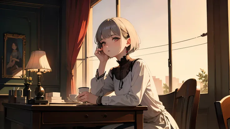 (masterpiece,  High Quality ,  High Quality ,  Details, 4K, 8k, aesthetics: 1.2),  playing music on a vintage record player (Beautifully crafted gothic phonograph ), Retro,  stylish cafe, Girl with short silver hair and pink eyes  (One)  sitting,  Drinking...