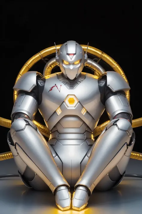 (masterpiece, best quality:1.2), 1boy, solo, a silver robot with steel hoses on the back and yellow lights on the neck and fingers and knees and also a red light on the forehead