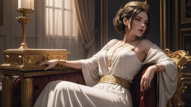 Petite Mature Girl, White Short Undercut, Silver Eyes, A Queen, Gold Crown, Gold Cross Necklace, Red Lips, White loose Dress, Sitting on Golden Throne, Looking Menacingly, Knights in back ground,(best quality,4k,8k,highres,masterpiece:1.2),ultra-detailed,(...