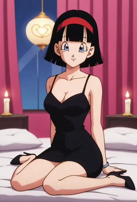 source_anime, score_9, score_8_up, score_7_up, anime screencap, videl, dragon ball super, bob cut, short hair, blue eyes, bangs, red hairband, medium breast, looking at viewer, smile, close mouth, bare shoulders, cowboy shot, masterpiece, best quality, ver...