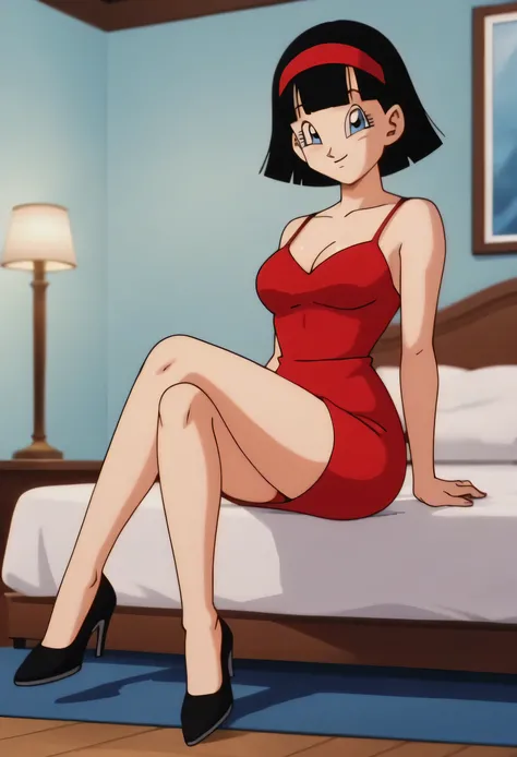 source_anime, score_9, score_8_up, score_7_up, anime screencap, videl, dragon ball super, bob cut, short hair, blue eyes, bangs, red hairband, medium breast, looking at viewer, smile, close mouth, bare shoulders, cowboy shot, masterpiece, best quality, ver...