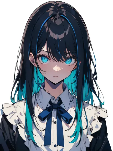   super high resolution rendering  ，Plain white background，  long hair，  black hair ， blue inner colored hair，Blue ribbon on chest，  black suit，Black Tuxedo，  white shirt，Glowing green eyes，bangs，  anime style  