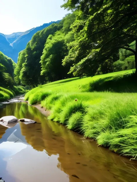 there is a small stream running through a lush green field, with a river running through it, with trees and rivers, river running through it, stream of love and happiness, river with stunning water, small river, beautiful flowing feeling, river stream, riv...