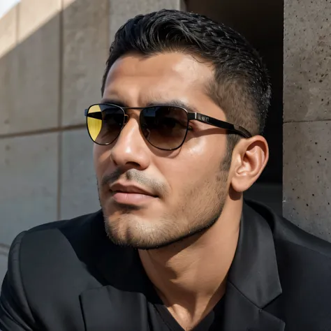 Age 27,One Man,、 handsome Iraqi man sitting on wall after being shot。 black suit、salaryman、,, muscular , short shorthair 　 looking at camera、　View from below　　　 black sunglasses 　　　 face up　Close-up of face