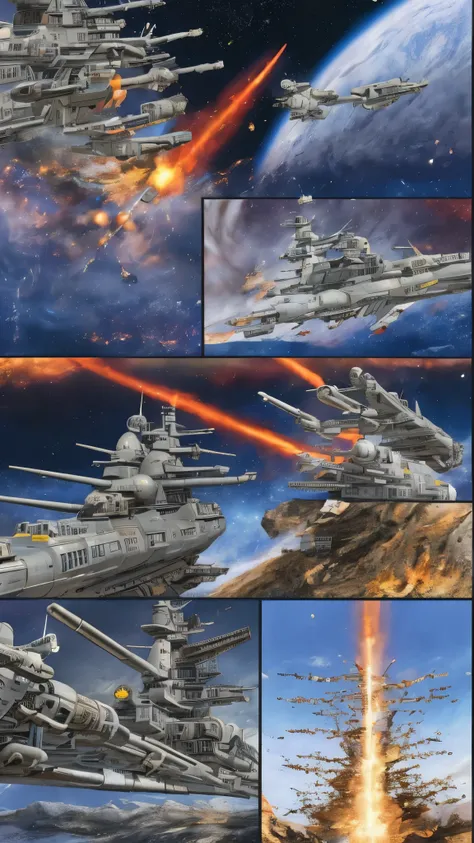  full body high definition image ， High Definition Image of Space Battleship Yamato 、Panoramic view of Space Battleship Yamato 、During combat、 scene where the main gun is shot at an enemy ship of Gamilas、 Cinematic space battle scene involving volumetric l...