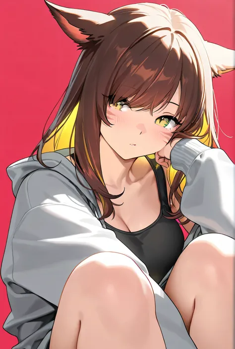 masterpiece,1girl, colored inner hair Brown hair Yellow hair, cat_ears, gray oversized hoodie,  inner tank top , Hair on one eye, Long hair tips, Miqote