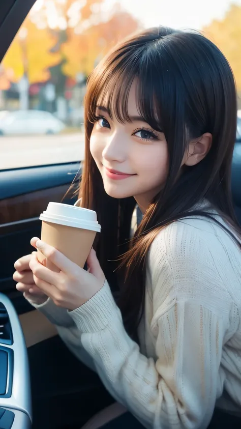  beautiful woman with beautiful eyes :1.2,  Detail Eyes, Beautiful plump lips, highly  Detail Eyes and faces,  has long eyelashes,  cute expression , smile,  sitting:1.4,  cup holding warm cafe latte, In the car, Warm Light, Detailed light and dark ,  anim...