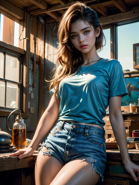 (RAW photo, 4k, masterpiece, high resolution, extremely complex) (realistic: 1.4), cinematic lighting, 1 Girl, Solo Focus, Summer Noon, Hot, 1990s (Style), Denim Lens, Indoor, Short Sleeve T-shirt