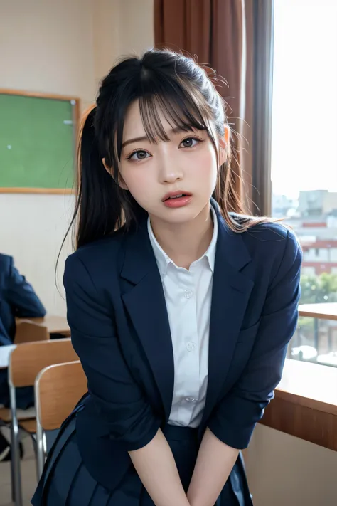 1girl,leaning forward,Perfect hands,panty pull,school uniform,ponytail,Navy blue blazer,pleated skirt,tongue out,Looking Down and Sleepy,school background,warm sunset lighting,bright and energetic atmosphere,detailed face,beautiful detailed eyes,beautiful ...
