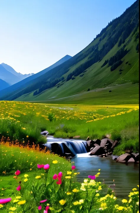 arafed mountain range with a stream and wildflowers in the foreground, majestic nature scenery, very very beautiful scenery, very beautiful scenery, nature scenery, scenic colorful environment, very very very beautiful scenery, breathtaking scenery, stunni...