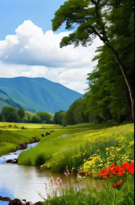 arafed mountain range with a stream and wildflowers in the foreground, a picture by Werner Andermatt, shutterstock contest winner, hudson river school, majestic nature scenery, very very beautiful scenery, very beautiful scenery, nature scenery, scenic col...