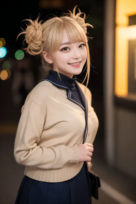 （（a blond、Himiko Toga、Dark eye shadow、Dark eyeliner、Patsun、Twin-tailed、Bun head、tthin eyebrows、Crazy smile、red blush、double tooth、Yellow Colorcon、Office Lady、Black Recruit Suit、white  shirt、Black tight skirt、Black stockings、high-heels））、、NSFW、8k、RAW Photog...