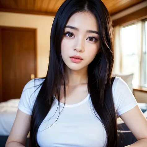 (Best-quality, Masterpiece, Ultra-High-Resolution, (Photorealistic:1.4), Raw Photo, depth of field, professional lighting), at bedroom, (((1girl and 1woman, lesbian-couple))), (1girl, 15-years-old, the most famous Japanese-idol, wearing T-shirt and shorts,...