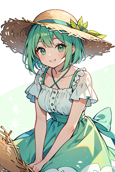 Precision, mint green hair,Summer clothes, bob hair, dress,woman,smile,White background, Straw Hat 