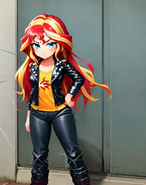 masterpiece_1girl_solo_with_multicolored_hair_red_hair_blonde_blue_eyes_leather_jacket_c_cup_pants_black_boots_facing_viewer_standing_outside