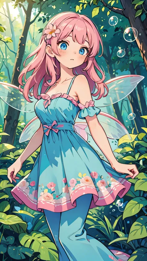 1 young woman in a forest, fairy wings, shoulder length pink hair, modest hanging breasts, blue eyes, floral bubble dress