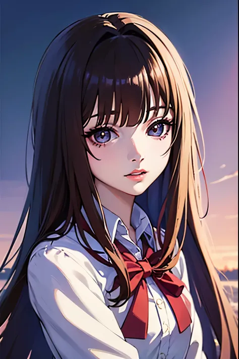 Anime girl with long hair in a suit and a bow,  realistic anime art style , anime girl portrait,  soft anime cg art , beautiful anime high school girl, realistic young anime girl,  portrait of an anime girl ,  anime style . 8K,  anime moe art style , Beaut...