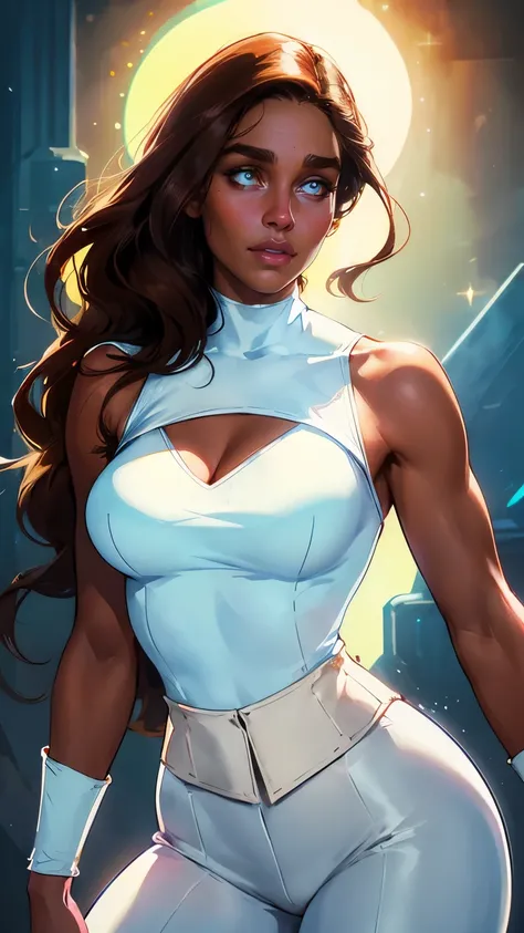 Neon, Retro, fantasy, girl, sweet face, with long brown hair, dark skin, in a white sleeveless turtleneck, white trousers, with diamonds on the fabric, open shoulders, expressive breasts, gorgeous, face looks like Emilia Clarke, 8K, HD