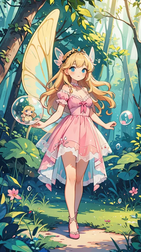 1 adult woman in a forest, fairy wings, long blonde hair, modest breasts, blue eyes, pink bubble fairy dress