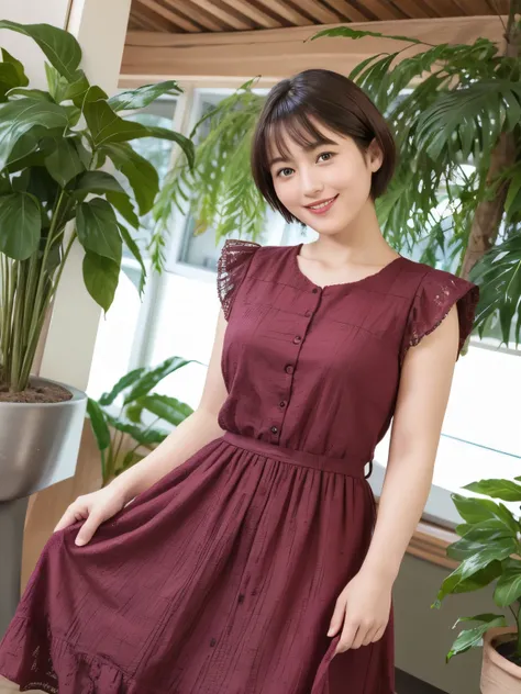 339 (20-year-old female, short hair), ( high image quality), (smile), ( Colorful Dress), ((Ariettis View of the World )), (BIG PLANTS ), (Dollhouse)