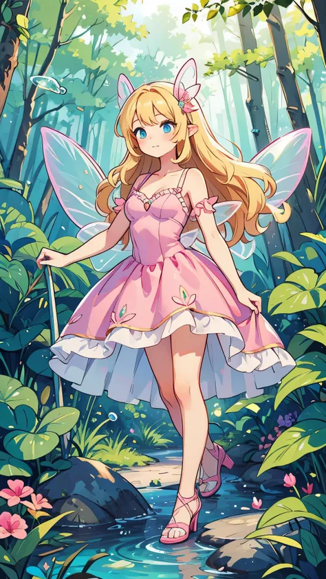 1 adult woman in a forest, fairy wings, long blonde hair, modest breasts, blue eyes, pink bubble fairy dress