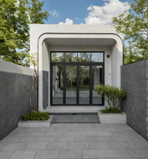 Masterpiece, high quality, best quality, authentic, super detail, outdoors, onestoreyvillaXL, aiaigroup, house style modern on the street ,stairs, white wall ,road,pavement, grass, trees, sky, cloud, (daylight:1.1)
