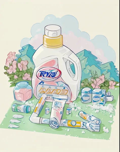 illustration of a bottle full of laundry detergent, Commercial Illustration, Foam Landscape, toothpaste refinery,  detailed scene ry —width 672, author：Chizuko Yoshida, Full color illustrations, Detailed 2D illustration ,  detailed scene , Change,  low fid...