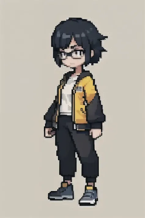 White sports jacket，Girl with long sweatpants ，Short hair，Wearing glasses，Very timid looking ， black hair