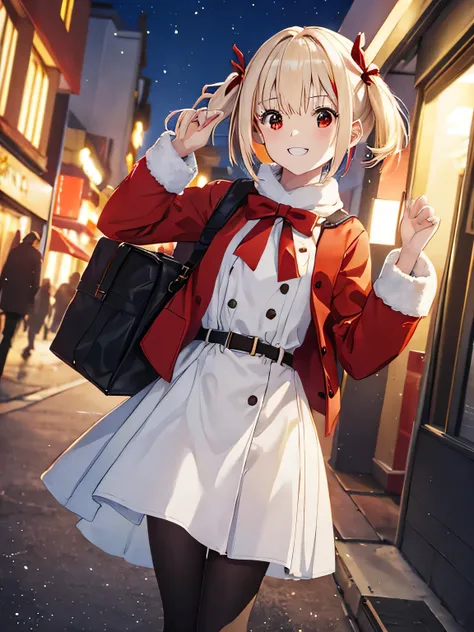 She is dressed in a classic Santa Claus outfit, with a red and white coat, a matching skirt, and black boots, perfectly tailored to her small frame. On her back, she carries a large, white sack filled with presents, the soft fabric of the bag hinting at it...