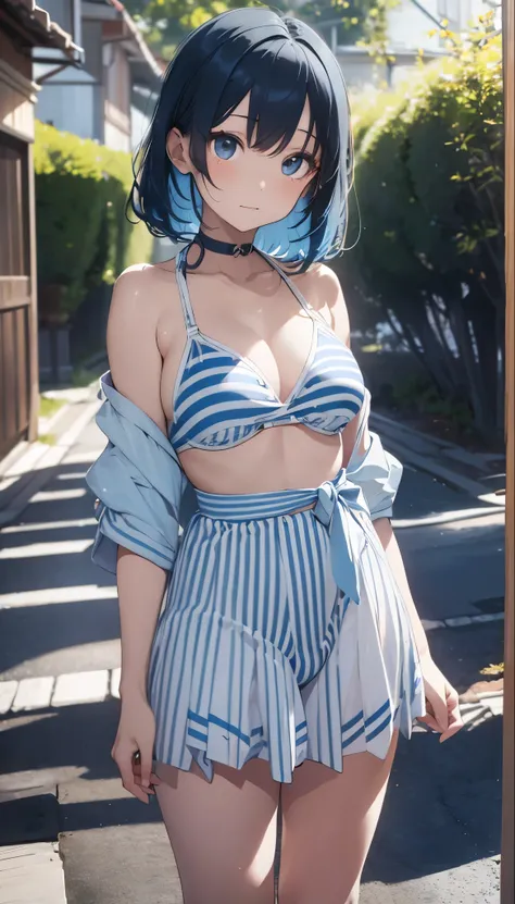  depicts a young and beautiful Japanese woman。 She wears a light blue and white striped bikini 、 standing in a soft and fantastic background 。 where warm light spreads in the background 、 with a quiet and gentle atmosphere 。 a light blue and white striped ...