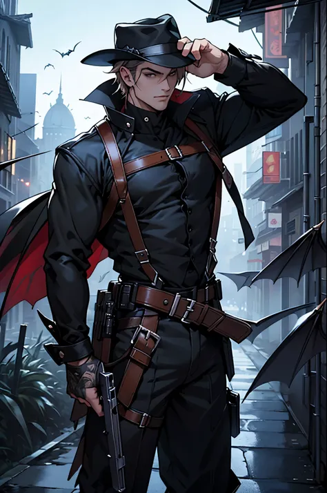  vampire hunters 、 BLACK LEATHER OUTFIT 、hat、 hold large swords and guns、Harness、One Eye、Dynamic Pose、 handsome、City Night、 building roof、Bats fly around 、 Masterpiece、 top quality、8