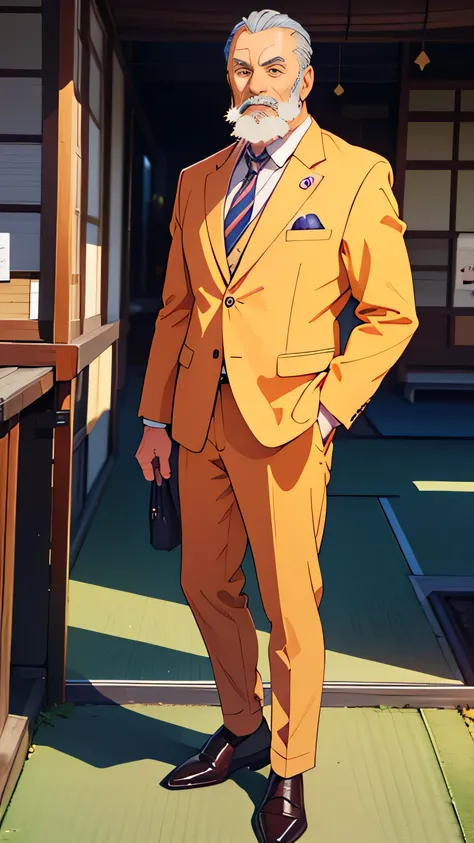 A man in his 50s wearing a suit、Japan、Beard、Member of Parliament、badge、whole body、stand up、２D Anime、Luxurious leather shoes、((whole bodyビュー:1.3))
