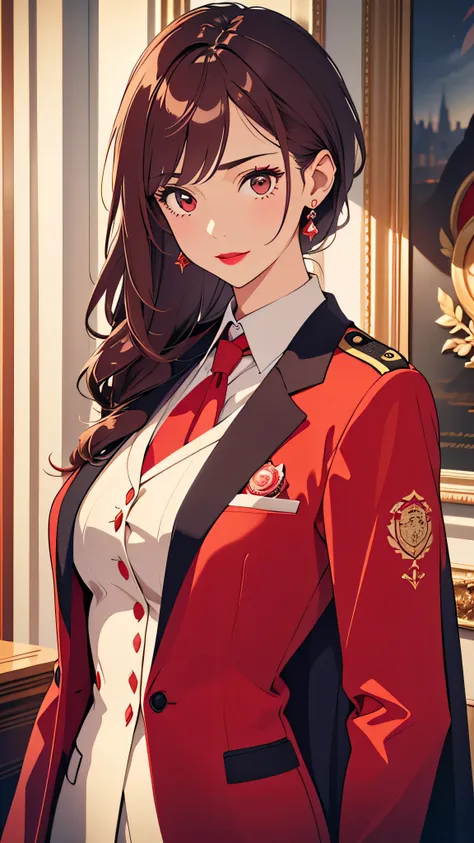  high definition ,  super detailed ,Wearing a suit４０Woman in her 20s、Red lipstick、Luxury suits、Parliamentary Badge、(( upper body:1.3))red and white color suit、
