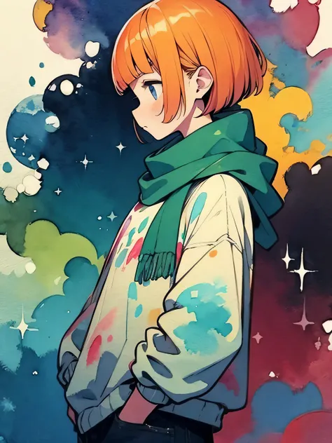 ((sideview)),solo,upperbody,orange color linglet hair,(blunt bangs),midnight blue eyes,Baggy sweater, ripped jeans, short hair, green scarf,,like a painting, watercolor painting style, The Art of Mathematics, Official Art, Masterpiece, beautiful, ((waterco...