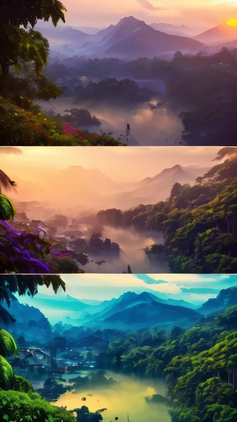 Vivid colors, (best quality，8k，high resolution，masterpiece），Super detailed，（1.4x more realism），sunset, summer, golden Rainforest, Nusantara Naughty Porn Models (clothless) playing, laughter, cicadas singing, mountains silhouette, vibrant, joyful, natures b...