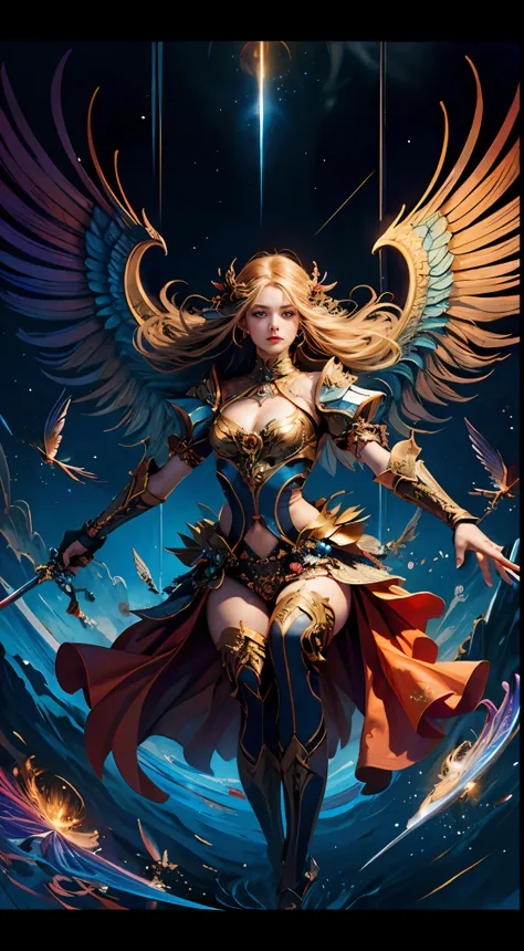 （tmasterpiece，top Quority，best qualtiy，offcial art，Beauty and aesthetics：1.2），（1girll，full bodyesbian，Wings，Fly，God girl，The sword，Combat posture，prette），Extremely detailed，（s fractal art：1.3），Extremely colorful，Most detailed