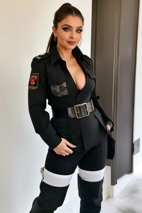 Full body photo of 50YO MATURE MILF AISHWARYA RAI as SEXY ARMY MILF SOLDIER, WEARING (((WHITE ARMY UNIFORM))), ((((DARK SMOKY EYE MAKEUP AND FALSE EYELASHES)))), COMBAT BOOTS, COMBAT GLOVES, KNEEPADS, CAMO PLATE CARRIER RIG, (((UNBUTTONED SHIRT EXPOSING CL...