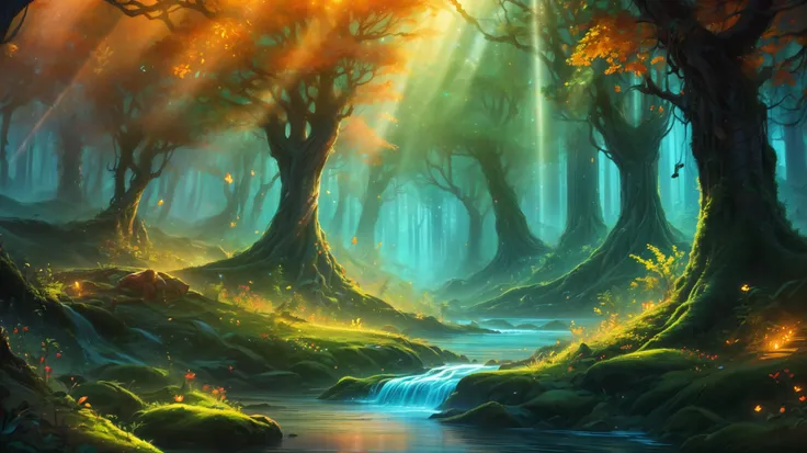 ( Moroccan masterpiece : 1.2), ( muy detallado: 1.2), ( muy detallado CG: 1.2), ( High image quality : 1.2), (最 High image quality ), 8K, Illustration Animée ,、 y Mignon 、beautiful、 forest, Robles, Sun rays