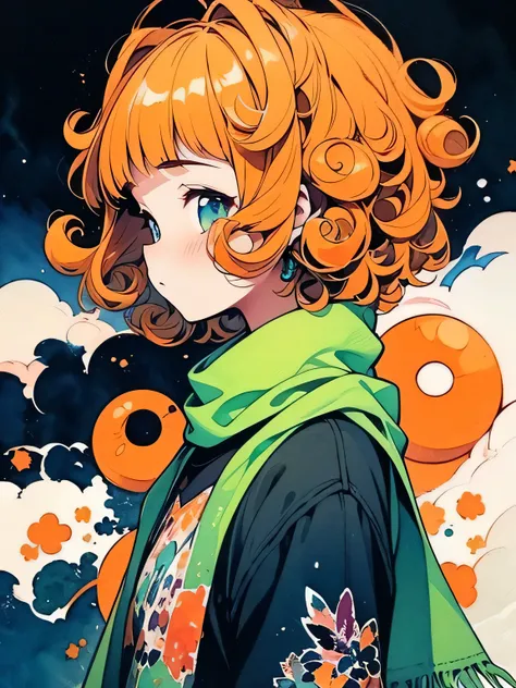 ((sideview)),solo,upperbody,(orange color curly ringlets:1.3),(blunt bangs),midnight blue eyes,Baggy sweater, ripped jeans, short hair, green scarf,,like a painting, watercolor painting style, The Art of Mathematics, Official Art, Masterpiece, beautiful, (...