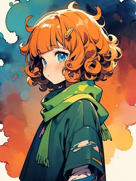 ((sideview)),solo,upperbody,(orange color curly ringlets:1.3),(blunt bangs),midnight blue eyes,Baggy sweater, ripped jeans, short hair, green scarf,,like a painting, watercolor painting style, The Art of Mathematics, Official Art, Masterpiece, beautiful, (...