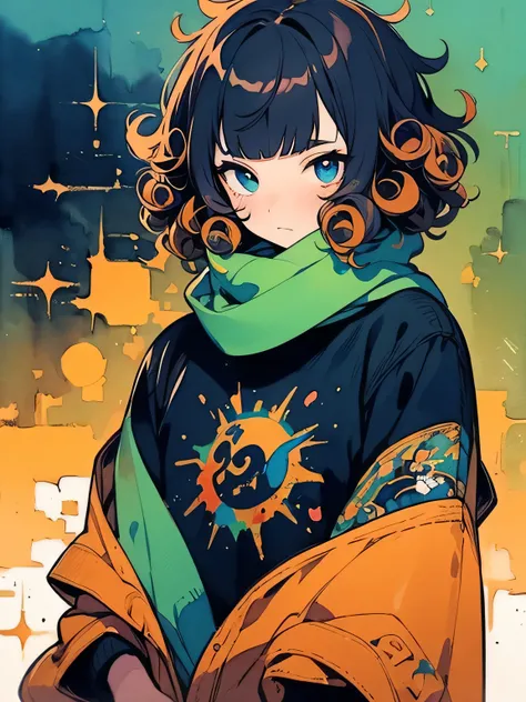 solo,upperbody,(orange color curly ringlets:1.3),(blunt bangs),midnight blue eyes,Baggy sweater, ripped jeans, short hair, green scarf,,like a painting, watercolor painting style, The Art of Mathematics, Official Art, Masterpiece, beautiful, ((watercolor))...