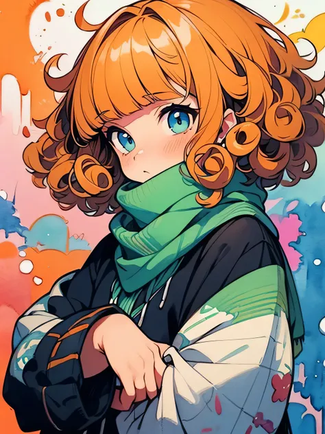 solo,upperbody,(orange color curly ringlets:1.3),(blunt bangs),midnight blue eyes,Baggy sweater, ripped jeans, short hair, green scarf,,like a painting, watercolor painting style, The Art of Mathematics, Official Art, Masterpiece, beautiful, ((watercolor))...