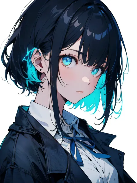   super high resolution rendering  ，Plain white background，  black hair ，Hair color is pale blue，Blue ribbon on chest，  black coat ，  white shirt，Glowing green eyes，bangs