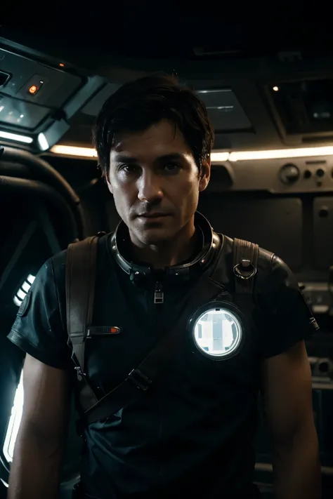 Dark haired short cut mechanic on board of a spaceship. With some futuristic repair tool. He is 45 years old athletic and in a space suit. Dramatic light loots of details