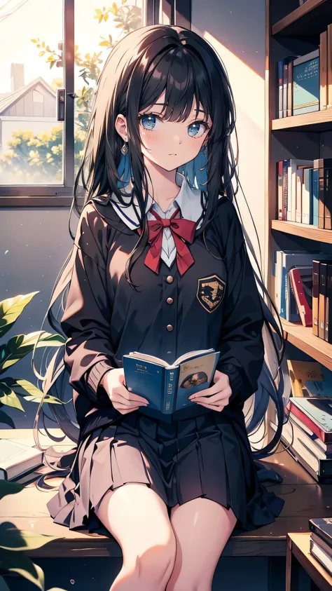 A quiet and gentle high school girl with long black hair and soft features. She wears her school uniform neatly and holds a romance manga in her hands, reading intently. Her posture is relaxed and dreamy, as if lost in the world of her favorite love story....