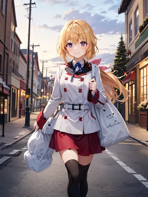 She is dressed in a classic Santa Claus outfit, with a red and white coat, a matching skirt, and black boots, perfectly tailored to her small frame. On her back, she carries a large, white sack filled with presents, the soft fabric of the bag hinting at it...