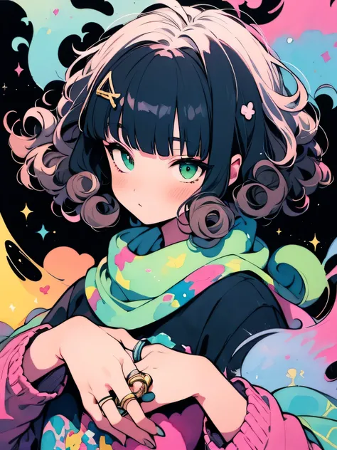 solo,upperbody,(pinkblack color curly ringlets:1.3),(blunt bangs),midnight white eyes,Baggy sweater, ripped jeans, short hair, green scarf,,like a painting, watercolor painting style, The Art of Mathematics, Official Art, Masterpiece, beautiful, ((watercol...