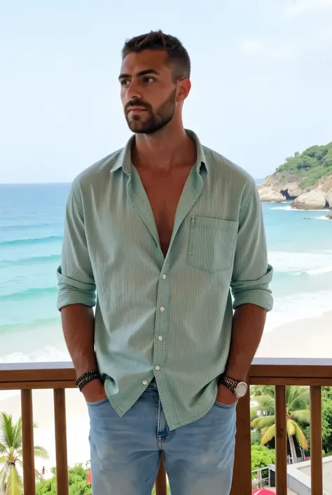 "A young man stands confidently on a wood balcony with a view to the white sand beach, smiling as he looks off to the side. The shirt features thin, vertical lines running evenly across the fabric. These lines alternate between soft green and white shades,...