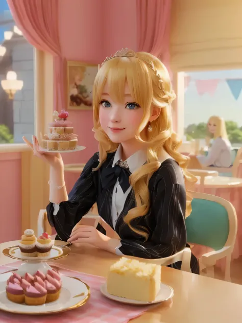  Blonde girl sitting at the table holding a box of cakes, In anime style, Eat cake, portrait!!, Blonde Princess,   high quality  ,3d,（European and American cartoons:1.5) , Disney-style ，Snacking,  The close-up view is a table full of food ， The medium view...