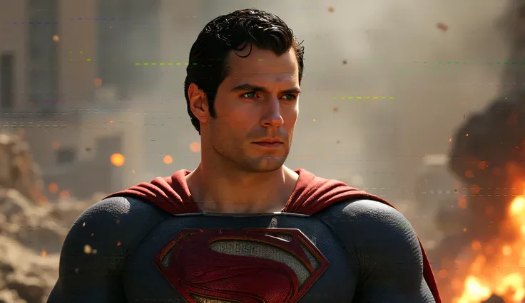 of a muscular and attractive h3nr4, Henry Cavil with a short beard , illuminated by a brilliant , natural light, wearing a Superman costume , a defeated superhero , tattered red and blue suit , glowing kryptonite , dramatic lighting , intense...